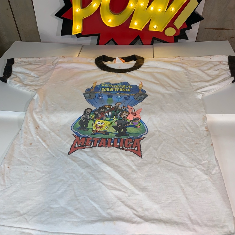 Y2K - SpongeBob SquarePants/ Metallica mashup T-shirt; Men’s L - Used, Stained*